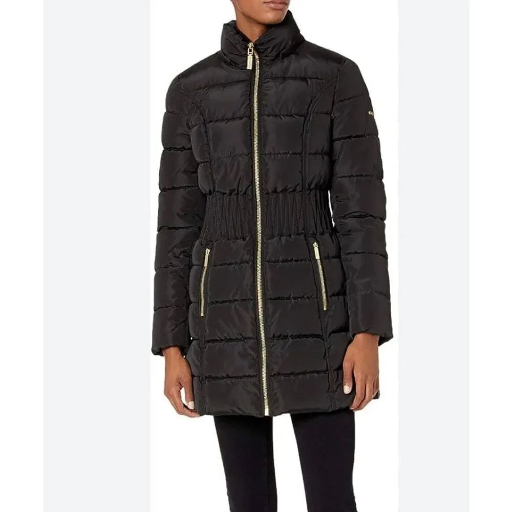 Laundry Shelli Segal black cinched smocked waist puffer jacket XL